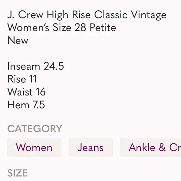J. Crew High Rise Classic Vintage‎ Women’s Size 28 Petite New - Picture 5 of 5